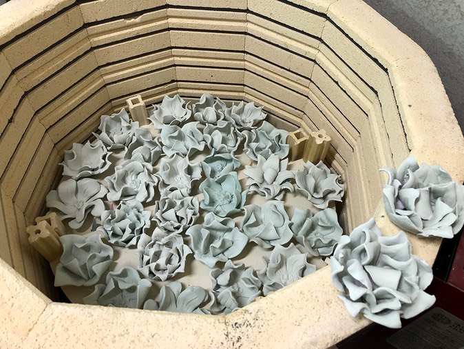 glazed colored paper porcelain flowers in kiln